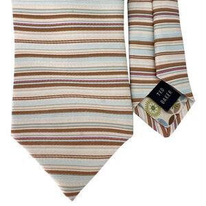 TED BAKER‎ LONDON Men's 100% Silk Cream Blue Tan Brown Stripe Tie 3.25